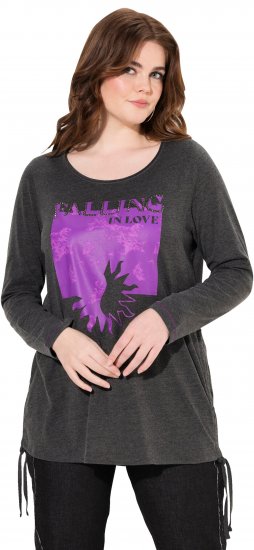 Ulla Popken Tie Hem Long Sleeve Graphic Tee Charcoal Grey Melange - Painetut T-paidat naisille - 