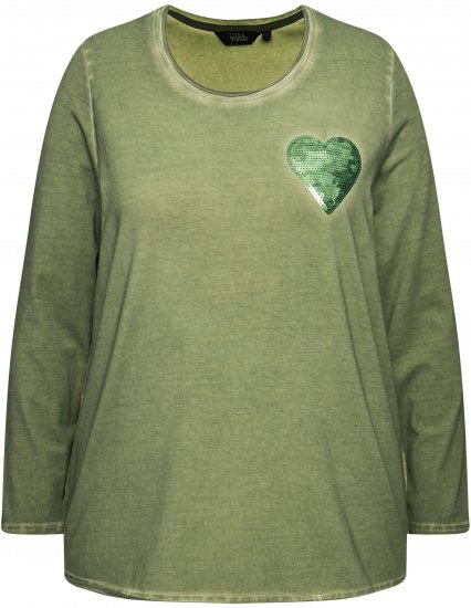 Ulla Popken Cold Dyed Sequined Heart Long Sleeve Tee Sage Green - Painetut T-paidat naisille - 