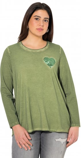 Ulla Popken Cold Dyed Sequined Heart Long Sleeve Tee Sage Green - Painetut T-paidat naisille - 