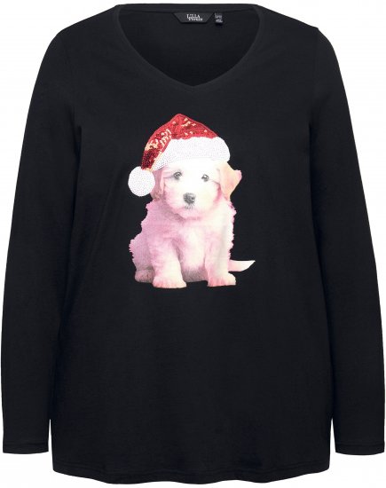 Ulla Popken Puppy Graphic Christmas Long Sleeve T-Shirt Black - T-paidat - 