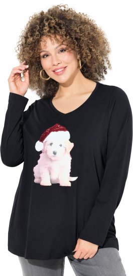 Ulla Popken Puppy Graphic Christmas Long Sleeve T-Shirt Black - T-paidat - 