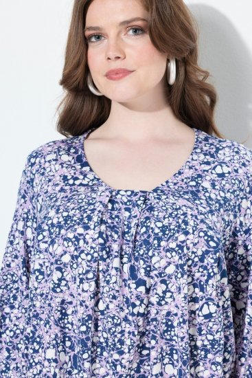 Ulla Popken Allover Printed Pleated Long Sleeve Tee Dark Blue - Painetut T-paidat naisille - Printti-t-paidat naisille