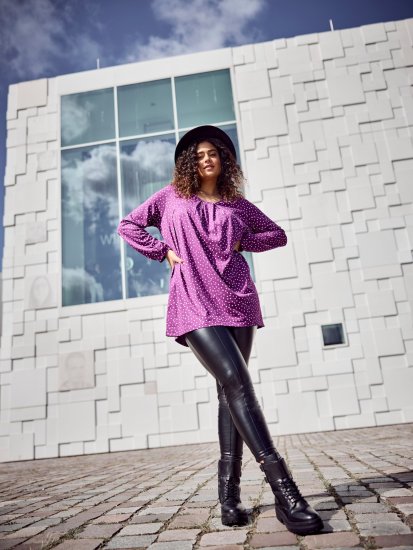 Ulla Popken Pleated Confetti Print Long Sleeve Tee Light Plum - Painetut T-paidat naisille - 