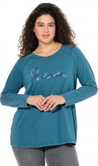 Ulla Popken Dream Rhinestone Lettering Long Sleeve Tee Teal - Painetut T-paidat naisille - 