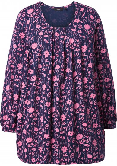 Ulla Popken Pleated Long Sleeve Floral Knit Tunic Ink Blue - Painetut T-paidat naisille - 