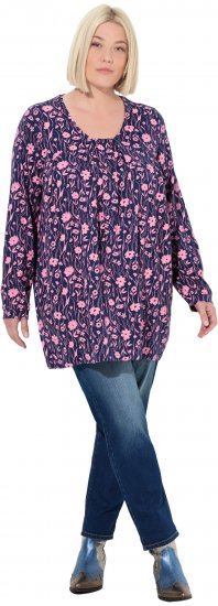 Ulla Popken Pleated Long Sleeve Floral Knit Tunic Ink Blue - Painetut T-paidat naisille - 