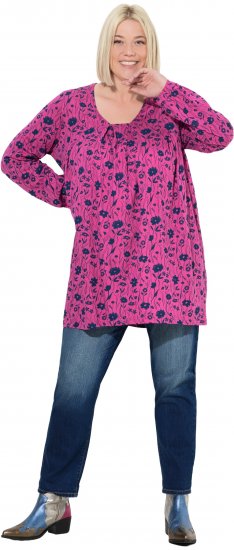 Ulla Popken Pleated Long Sleeve Floral Knit Tunic Summer Berry - Painetut T-paidat naisille - 