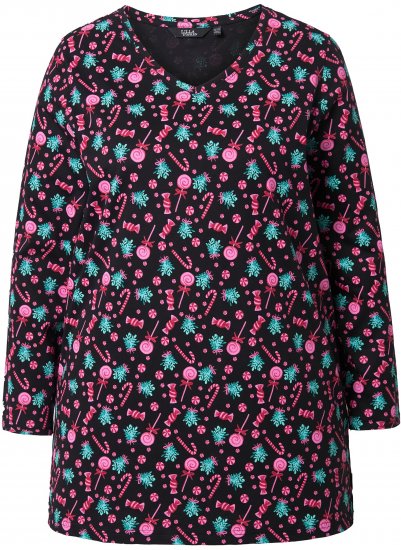 Ulla Popken Peppermint Tree V-Neck Holiday Cotton Long Sleeve Knit Tunic Black - Painetut T-paidat naisille - 