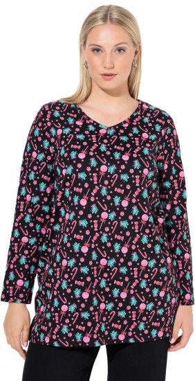 Ulla Popken Peppermint Tree V-Neck Holiday Cotton Long Sleeve Knit Tunic Black - Painetut T-paidat naisille - 