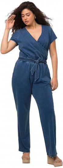 Ulla Popken Wrap Look Short Sleeve Denim Jumpsuit Blue - Naisten farkut ja housut isot koot - 