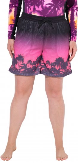 Ulla Popken Active Wide Leg Elastic Waist Palm Tree Pattern Mesh Shorts Black - Naisten farkut ja housut isot koot - 