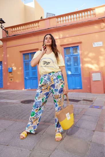 Ulla Popken Italy Print Elastic Waist Pants White - Naisten farkut ja housut isot koot - 