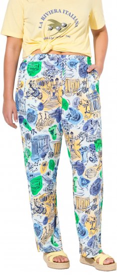 Ulla Popken Italy Print Elastic Waist Pants White - Naisten farkut ja housut isot koot - 