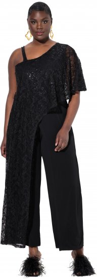 Ulla Popken Asymmetric Lace Panel Jumpsuit Black - Naisten farkut ja housut isot koot - 