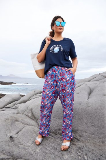 Ulla Popken Seashell Print Elastic Waist Pants Blue - Naisten farkut ja housut isot koot - 
