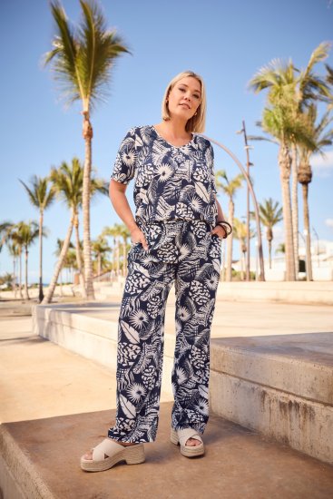 Ulla Popken Feather Print Elastic Waist Pants Blue - Naisten farkut ja housut isot koot - 