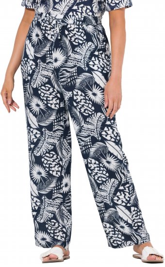 Ulla Popken Feather Print Elastic Waist Pants Blue - Naisten farkut ja housut isot koot - 