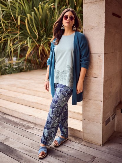 Ulla Popken Patchwork Paisley Elastic Waist Pants Blue - Naisten farkut ja housut isot koot - 