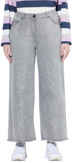 Ulla Popken Embroidered Wide Leg Fringed Hem Jeans Grey - Naisten farkut ja housut isot koot - 