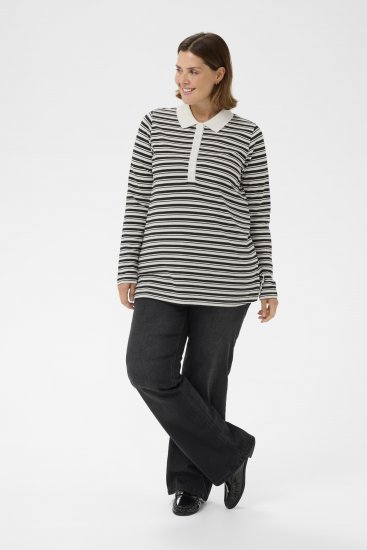 Kaffe Curve Miana Long Sleeve Polo Chalk with Black Stripe - Pikeepaidat - 