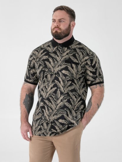 D555 Palmer Leaf Printed Jacquard Collar & Cuff Chest Pocket Polo Black - Pikeepaidat - Miesten isot pikeepaidat