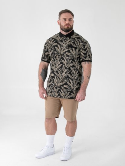 D555 Palmer Leaf Printed Jacquard Collar & Cuff Chest Pocket Polo Black - Pikeepaidat - Miesten isot pikeepaidat