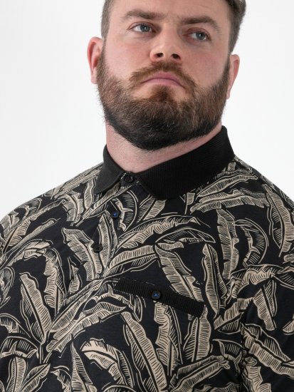 D555 Palmer Leaf Printed Jacquard Collar & Cuff Chest Pocket Polo Black - Pikeepaidat - Miesten isot pikeepaidat