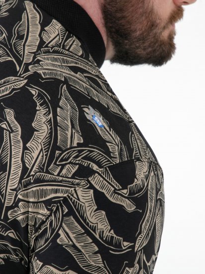 D555 Palmer Leaf Printed Jacquard Collar & Cuff Chest Pocket Polo Black - Pikeepaidat - Miesten isot pikeepaidat
