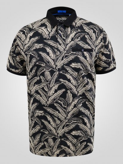 D555 Palmer Leaf Printed Jacquard Collar & Cuff Chest Pocket Polo Black - Pikeepaidat - Miesten isot pikeepaidat