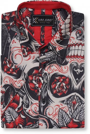 Kam Jeans 6062 Skull And Roses Print Short Sleeve Shirt Black - Kauluspaidat - Miesten isot kauluspaidat 2XL – 8XL