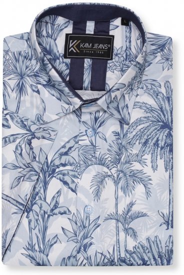 Kam Jeans 6063 Summer Print Short Sleeve Shirt Blue - Kauluspaidat - Miesten isot kauluspaidat 2XL – 8XL