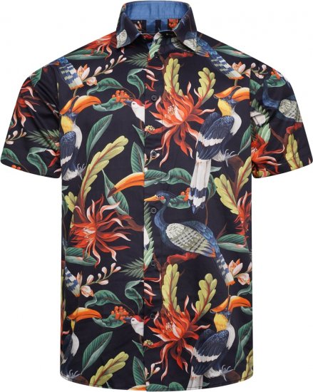Kam Jeans 6066 Bird Print Short Sleeve Shirt Navy - Kauluspaidat - Miesten isot kauluspaidat 2XL – 8XL