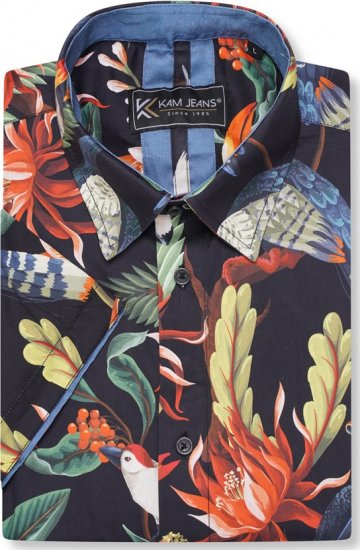 Kam Jeans 6066 Bird Print Short Sleeve Shirt Navy - Kauluspaidat - Miesten isot kauluspaidat 2XL – 8XL