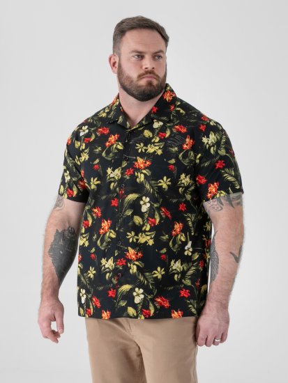 D555 Gordon Hawaiian AOP Cuvan Collar Resort Short Sleeve Black - Kauluspaidat - Miesten isot kauluspaidat 2XL – 8XL