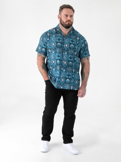D555 Hawkins Printed Cuban Collar Resort Short Sleeve Shirt Teal - Kauluspaidat - Miesten isot kauluspaidat 2XL – 8XL