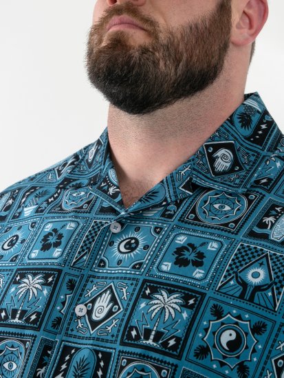 D555 Hawkins Printed Cuban Collar Resort Short Sleeve Shirt Teal - Kauluspaidat - Miesten isot kauluspaidat 2XL – 8XL