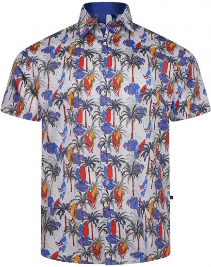 Kam Jeans 6060 Palm Tree and Surf Boards Short Sleeve Shirt White - Kauluspaidat - Miesten isot kauluspaidat 2XL – 8XL