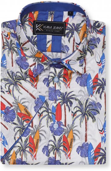 Kam Jeans 6060 Palm Tree and Surf Boards Short Sleeve Shirt White - Kauluspaidat - Miesten isot kauluspaidat 2XL – 8XL
