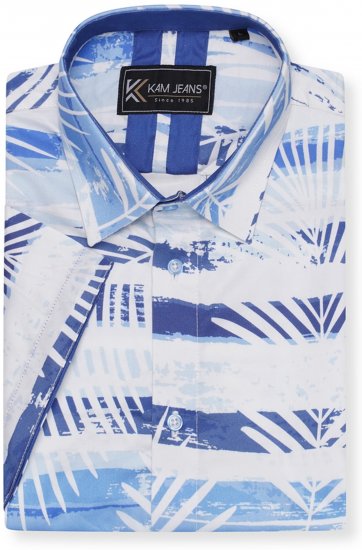 Kam Jeans 6065 Faded Leaf Short Sleeve Shirt Blue - Kauluspaidat - Miesten isot kauluspaidat 2XL – 8XL