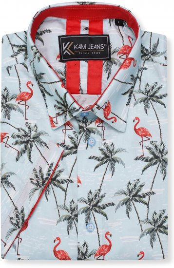 Kam Jeans 6067 Flamingo and Palm Tree Short Sleeve Shirt Blue - Kauluspaidat - Miesten isot kauluspaidat 2XL – 8XL