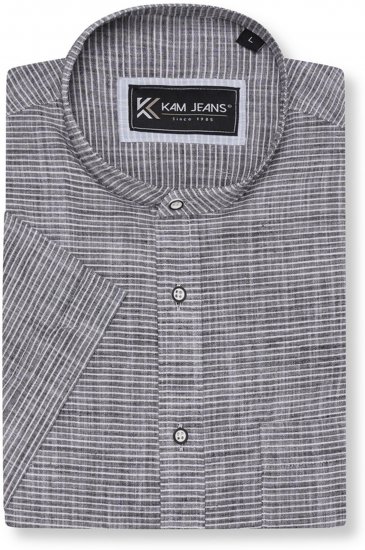 Kam Jeans 6334 Striped Grandad Short Sleeve Shirt Charcoal - Kauluspaidat - Miesten isot kauluspaidat 2XL – 8XL
