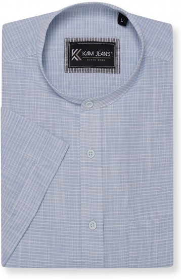 Kam Jeans 6334 Striped Grandad Short Sleeve Shirt Blue - Kauluspaidat - Miesten isot kauluspaidat 2XL – 8XL