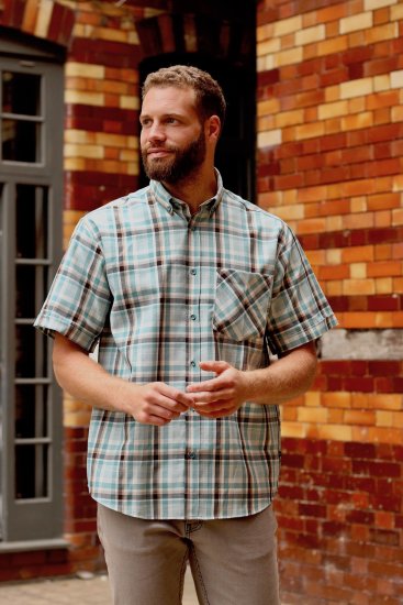 Kam Jeans 6339 Checked Short Sleeve Shirt Mineral Blue - Kauluspaidat - Miesten isot kauluspaidat 2XL – 8XL