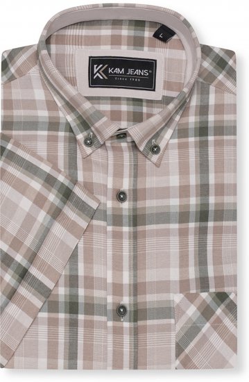 Kam Jeans 6339 Checked Short Sleeve Shirt Beige - Kauluspaidat - Miesten isot kauluspaidat 2XL – 8XL