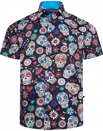 Kam Jeans 6069 Skull Print Short Sleeve Black - Kauluspaidat - Miesten isot kauluspaidat 2XL – 8XL