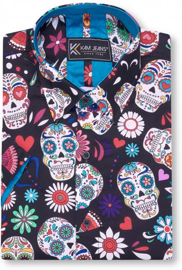 Kam Jeans 6069 Skull Print Short Sleeve Black - Kauluspaidat - Miesten isot kauluspaidat 2XL – 8XL