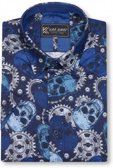 Kam Jeans 6070 Retro Skull Short Sleeve Shirt Navy - Kauluspaidat - Miesten isot kauluspaidat 2XL – 8XL