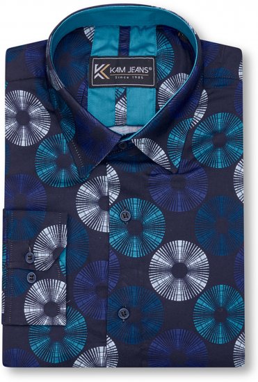 Kam Jeans 6071 Record Print Long Sleeve Shirt Navy - Kauluspaidat - Miesten isot kauluspaidat 2XL – 8XL