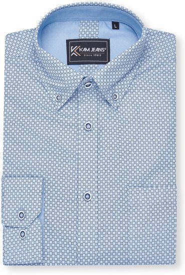 Kam Jeans 6361 All Over Geo Print Long Sleeve Shirt Sky Blue - Kauluspaidat - Miesten isot kauluspaidat 2XL – 8XL
