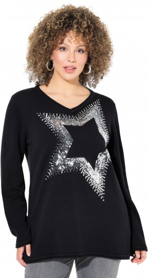 Ulla Popken Sequined Star Rolled Edge Sweater Black - Naisten hupparit ja collegepaidat isot koot - 